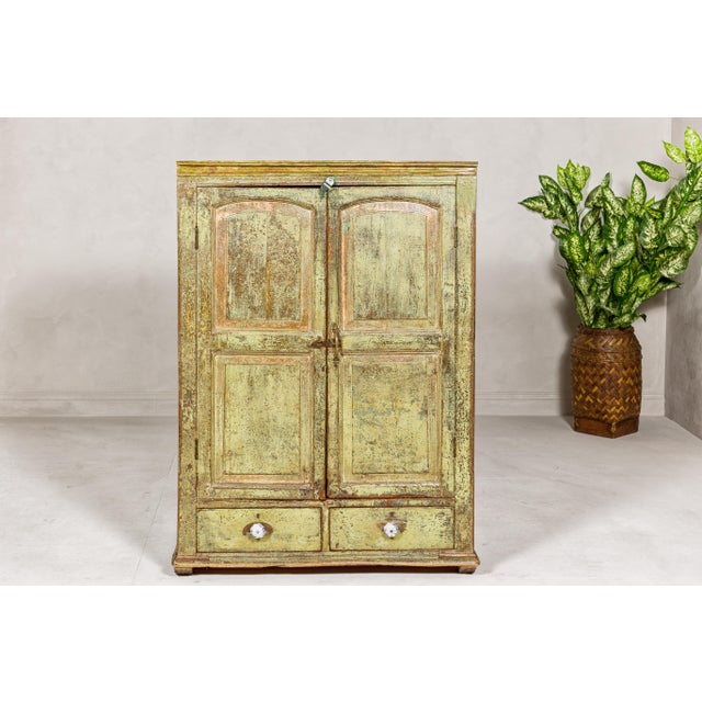 19th Century Distressed Green Painted Indian Cabinet with Paneled Doors and Two Drawers For Sale - Image 5 of 12
