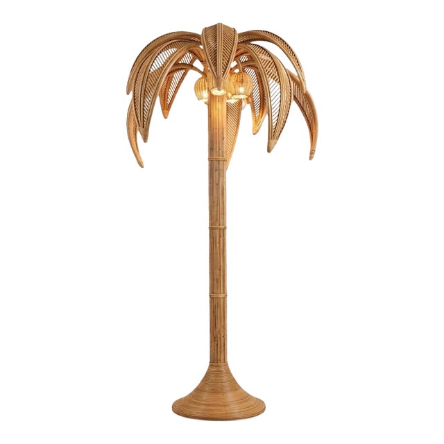 Vintage Hollywood Regency Rattan Palm Tree Floor Lamp For Sale