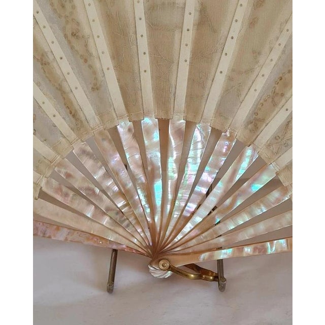Gold Antique European Embroidered Floral Fan with Sea Snail Shell Sticks, 1890 For Sale - Image 8 of 11