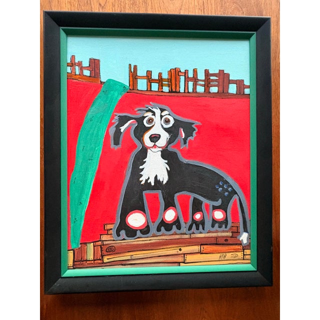 Folk art inspired dog painting. Bold beautiful and absolutely whimsical! Framed beautifully!