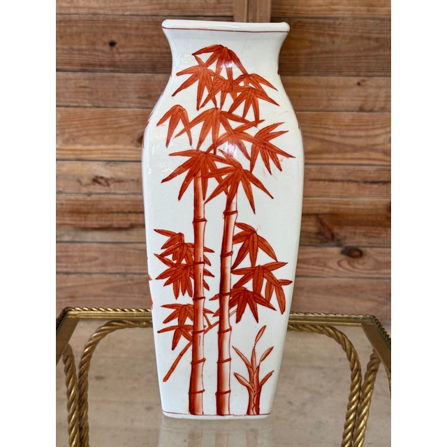 1990s Vintage Chinoiserie Porcelain Bamboo Vase in Rust Red For Sale - Image 5 of 9