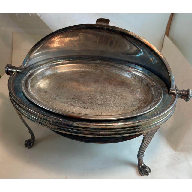 Early 20th Century Roll-Over Roll-Top English Silver Plate Dome Serving Dish Paw Feet Monogram For Sale - Image 6 of 12