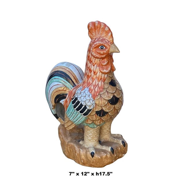 This is a handmade Chinese accent decorative rooster figure made of ceramic and glazed with a modern mixed multi-color...