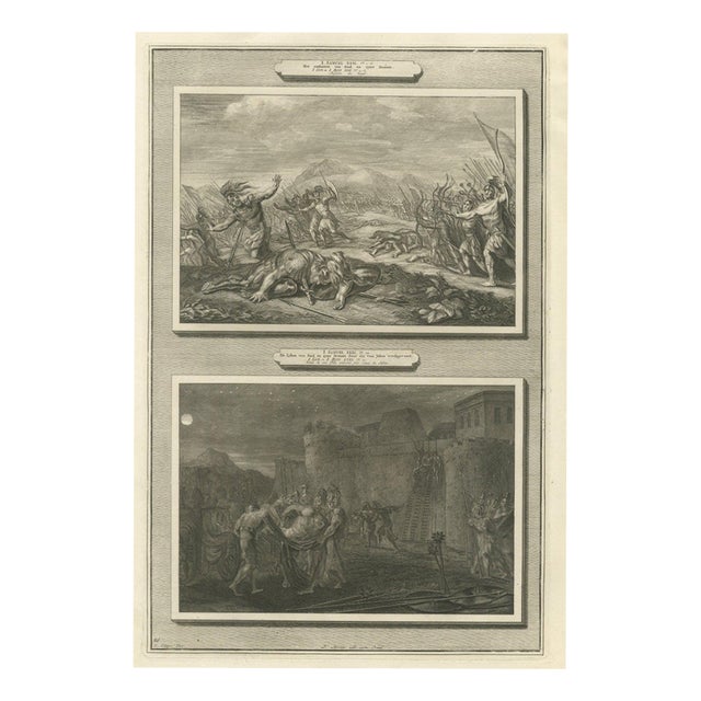 Pieter Mortier, Death of Saul and the Men of Jabesh Recover His Body, Pieter 1700, Engraving For Sale