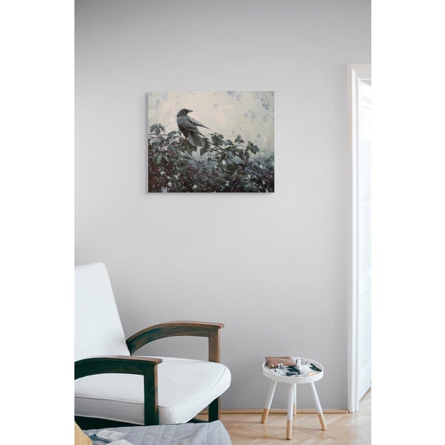 First Snow by Lindsey Kustusch | Oil On Panel Raven perched on a bush in a snowy landscape. For Sale - Image 4 of 5