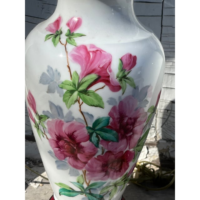 1920s Hand-Painted Table Lamps Milk Glass With Azalea Decoration - Pair For Sale - Image 4 of 6