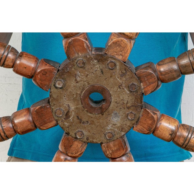 Wood Antique Iron Clad Mahogany Ship’s Wheel For Sale - Image 7 of 8