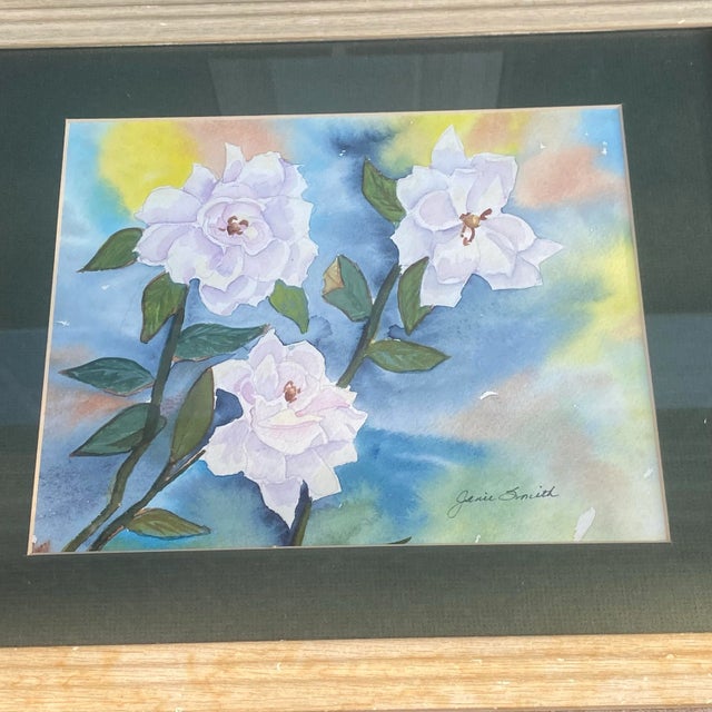 Contemporary Vintage Framed Watercolor on Paper Floral Study “White Wild Rose” Artist Janie Smith Thomas Nevada For Sale - Image 3 of 12
