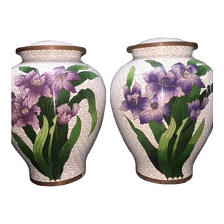 Pair of Vintage Cloisonné Enamel Iris Floral Lidded Jars / Tea Caddies For Sale