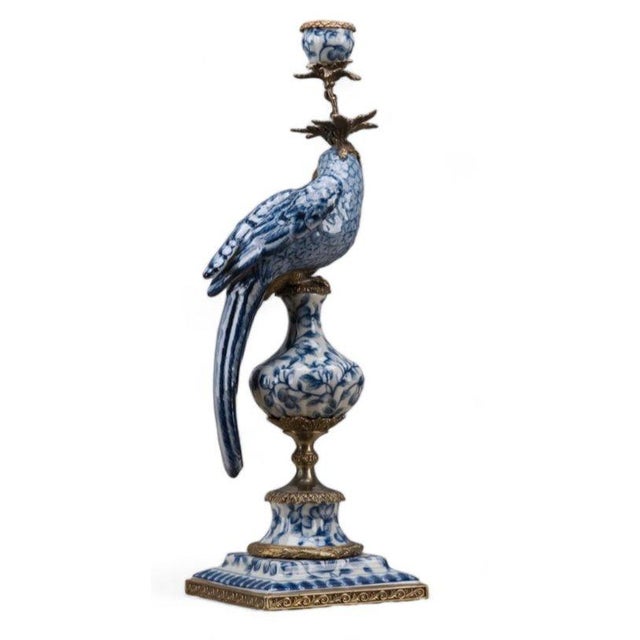 Blue and White Porcelain Parrot Candle Holder With Bronze Ormolu Left and Right Drama For Sale - Image 4 of 8