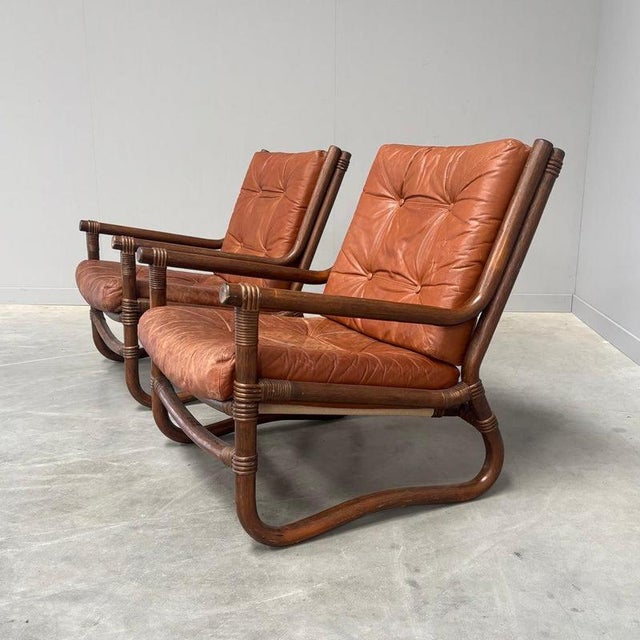 Vintage Bamboo and Leather Chairs, 1970s, Set of 2 For Sale - Image 6 of 15