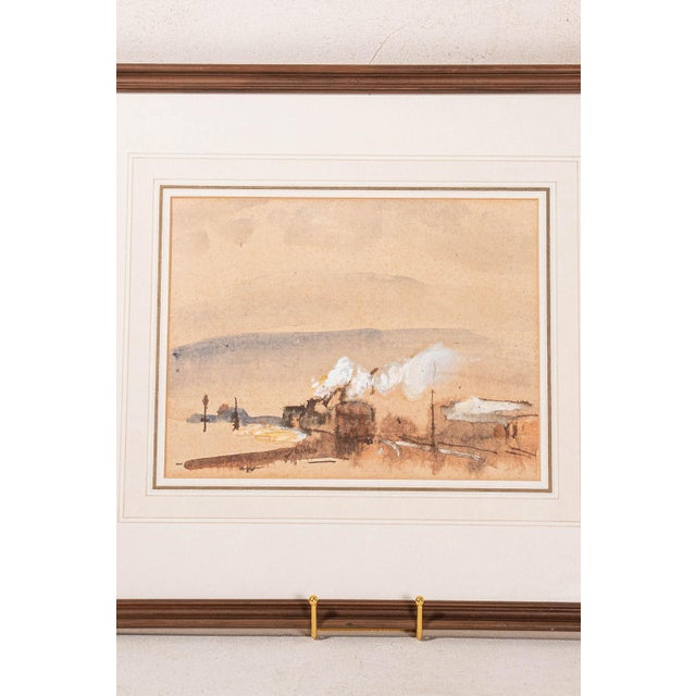 Original abstract watercolor depicting a steam train, presented in a frame.