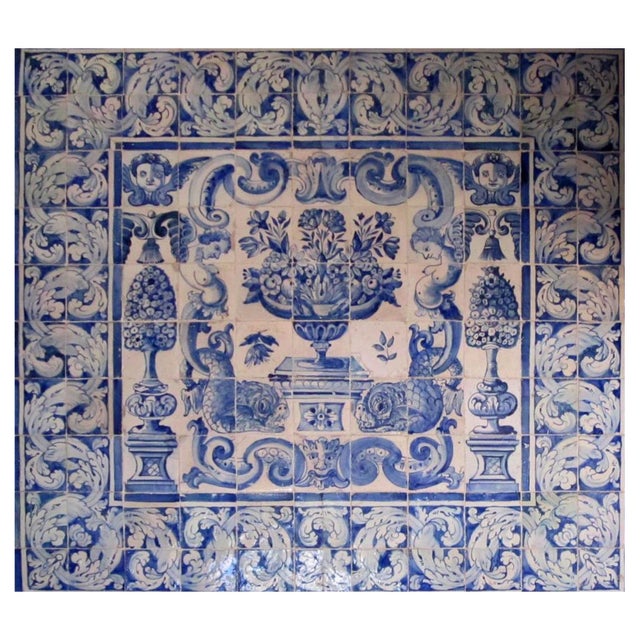 17th Century Portuguese Azulejos Tiles Panel with Vase Decor For Sale