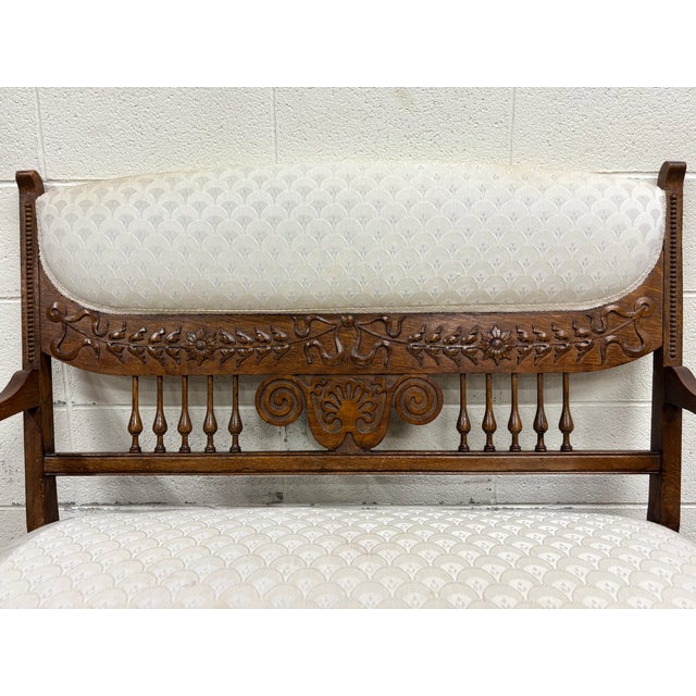 Antique Carved Spindle Back Carved Upholstered Settee For Sale In Kansas City - Image 6 of 10