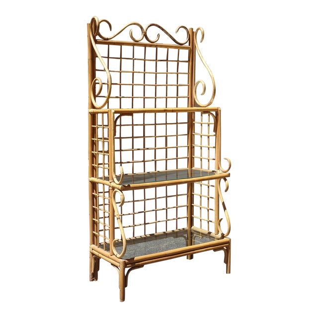 Vintage Bamboo Etagere Three Shelves W Glass Bakers Rack ~ Coastal For Sale