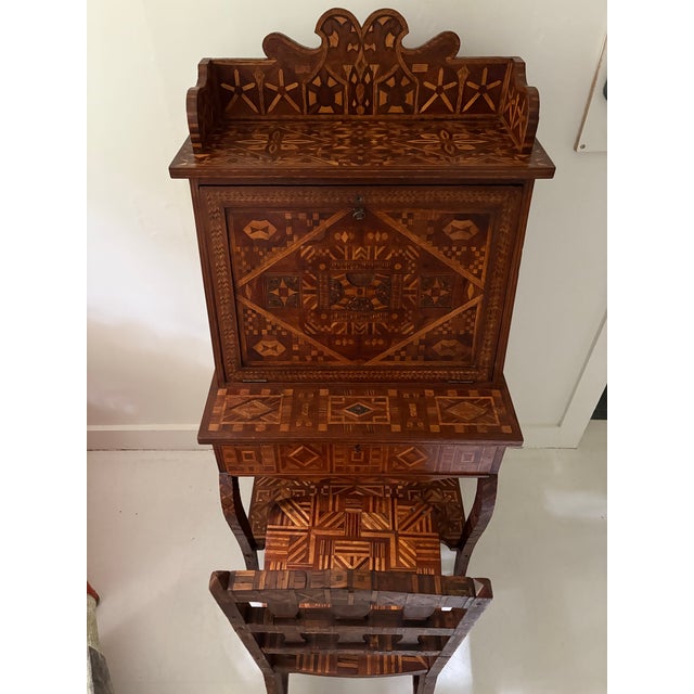 Late 19th Century Antique American Marquetry Desk, Chair and Inner Box - Set of 3 For Sale - Image 5 of 12