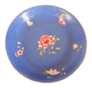 19th Century Chinese Export Blue Porcelain Famille Rose Palette Plate or Low Bowl