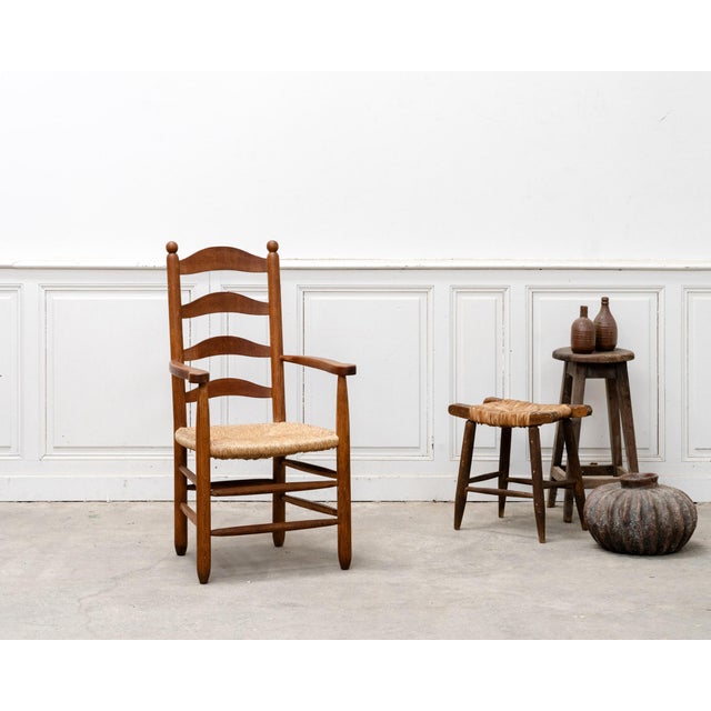 Brown Vintage Armchair in Oak and Straw in the style of Charlotte Perriand, 1950 For Sale - Image 8 of 9