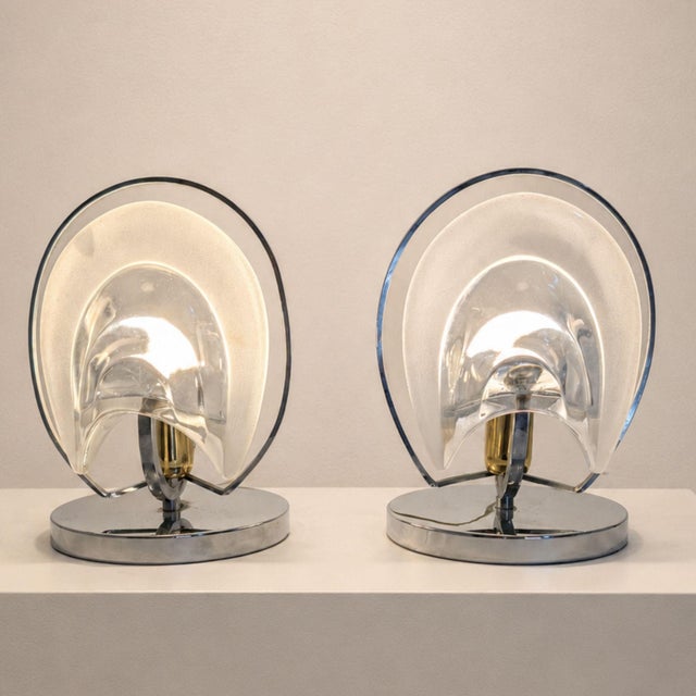 Metal 1970s Italian Mazzega Style Chrome and Murano Glass Table Lamps - Pair For Sale - Image 7 of 8