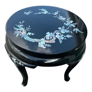 Late 20th Century Vintage Black Asian High Gloss Lacquer Side Table With Floral Gemstones