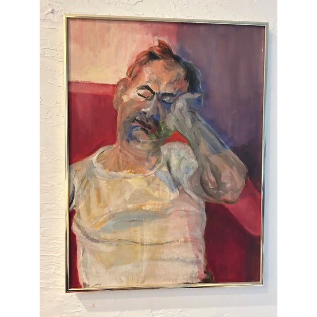 Striking vintage acrylic on board portrait painting featuring a resting male figure rendered in loose expressive...