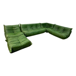 Set of 5 Togo Sofa Set in Emerald Green Leather by Michel Ducaroy for Ligne Roset For Sale