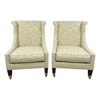 Custom Pair Pearson Wingback Jacquard Leaf Vine Transitional Chairs For Sale