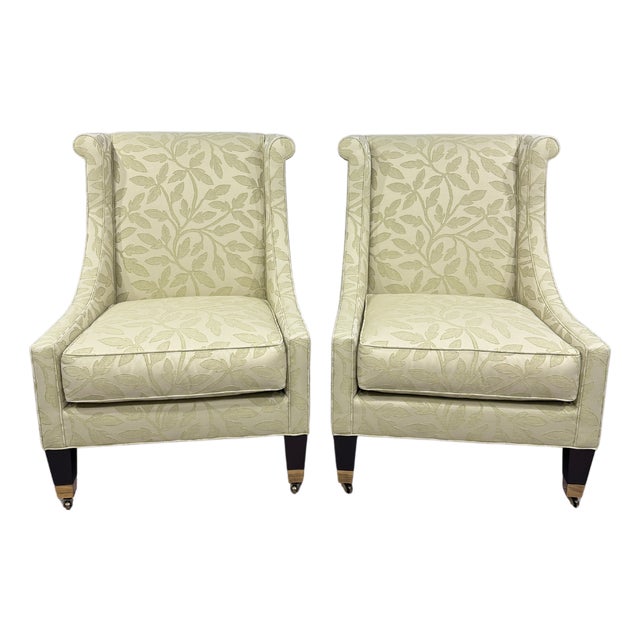 Custom Pair Pearson Wingback Jacquard Leaf Vine Transitional Chairs For Sale