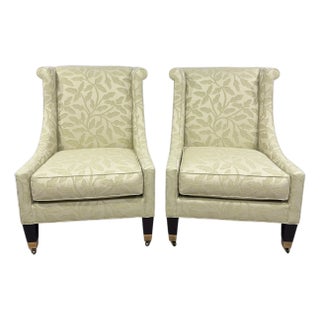 Custom Pair Pearson Wingback Jacquard Pale Green Leaf Vine Transitional Chairs For Sale