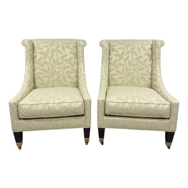 Custom Pair Pearson Wingback Jacquard Pale Green Leaf Vine Transitional Chairs For Sale