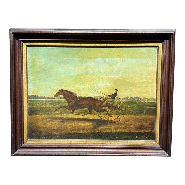 19th-Century American Equestrian Trotting Horse Oil on Canvas For Sale
