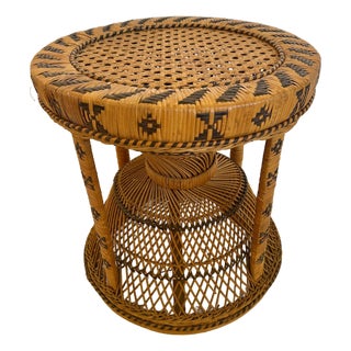 Vintage Woven Wicker Rattan Hourglass Emmanuelle Peacock Style Side Table Stool For Sale