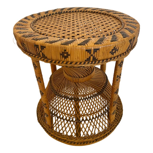 Vintage Woven Wicker Rattan Hourglass Emmanuelle Peacock Style Side Table Stool For Sale