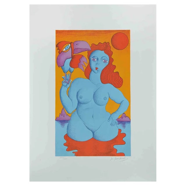 Michael Ciomakov, Woman with Parrot, Original Lithograph, 1970s For Sale