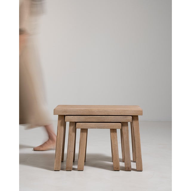 Set of Three Oak Brutalist Nesting Tables, Antique, France, Circa 1970 For Sale - Image 12 of 13