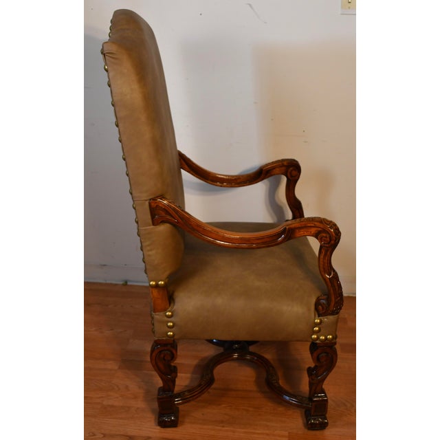 1900 Antique French Carved Walnut Throne Arm Chair / New Leather Upholstery For Sale - Image 10 of 15