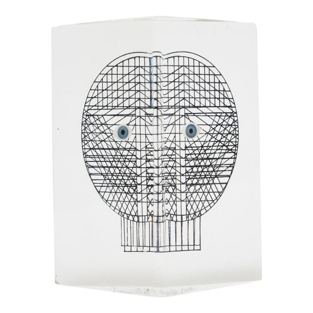 Vintage Merle Edelman Lucite Grid Face Triangle Embedded Sculpture Paperweight, 1970's For Sale