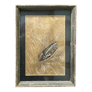 Mid Century Drawing and Gouache - Man on a Boat, Signed For Sale