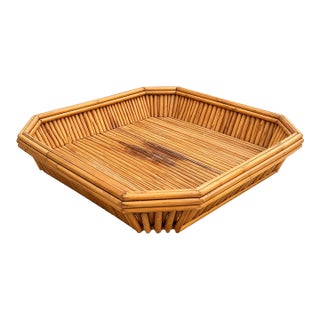Vintage Square Bamboo & Rattan Clipped-Corner Serving Tray For Sale