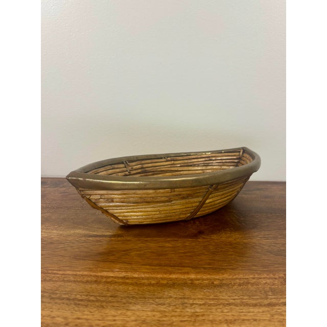 Brass 1950s Italian Riviera Sculptural Rattan Bowl With Solid Brass Trim For Sale - Image 8 of 10