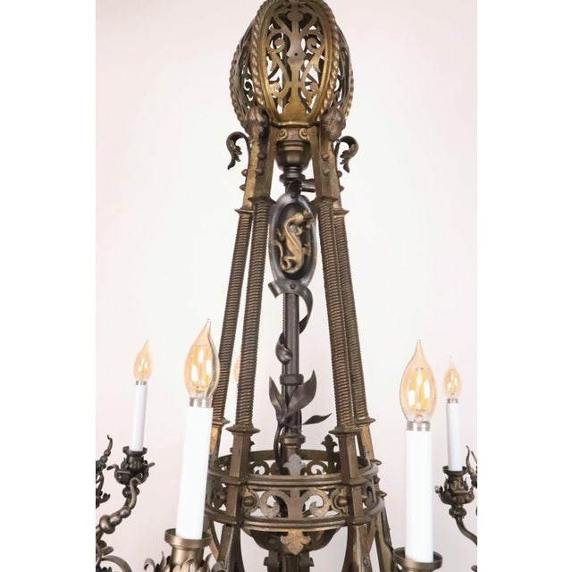 Early 20th Century Cast Bronze Highly Ornate Chandelier With Original Etched Glass Down Shades For Sale In New York - Image 6 of 16