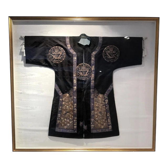 Antique Framed Chinese Silk Dragon Design Robe For Sale