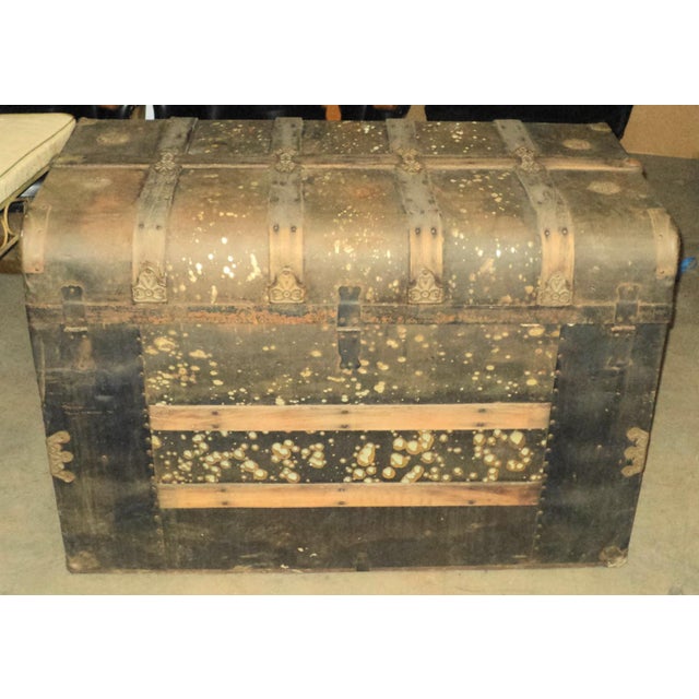 Mid 19th Century Antique Large Metal & Wood Steamer Trunk For Sale - Image 5 of 12