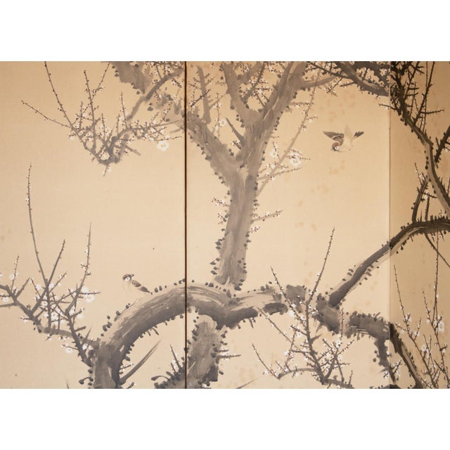 Large Taisho Japanese Byobu Screen "Sparrow and the Plum Tree" by Ryosetsu Kobe For Sale - Image 4 of 18