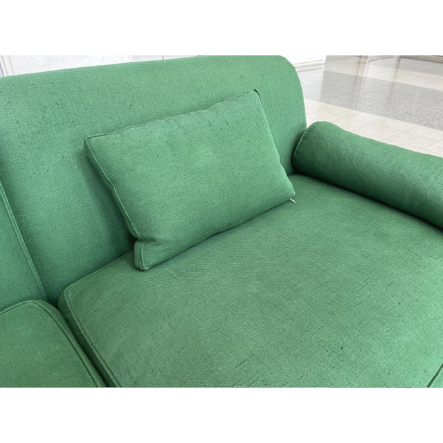 Custom Carved Oak & Green Linen Sofa by Steven Gambrel For Sale - Image 11 of 18