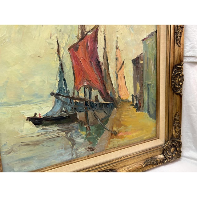 Early 20th Century Original Framed Oil Painting on Canvas 'Seaside Dock' Attributed to Louise Minert Kelly (American 1876-1945) For Sale - Image 12 of 17