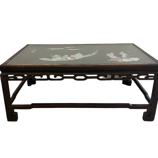 Black Mid-Century Chinese Black Lacquer Coffee Table With Hand-Painted Kutani Porcelain Immortals Relief For Sale - Image 8 of 18