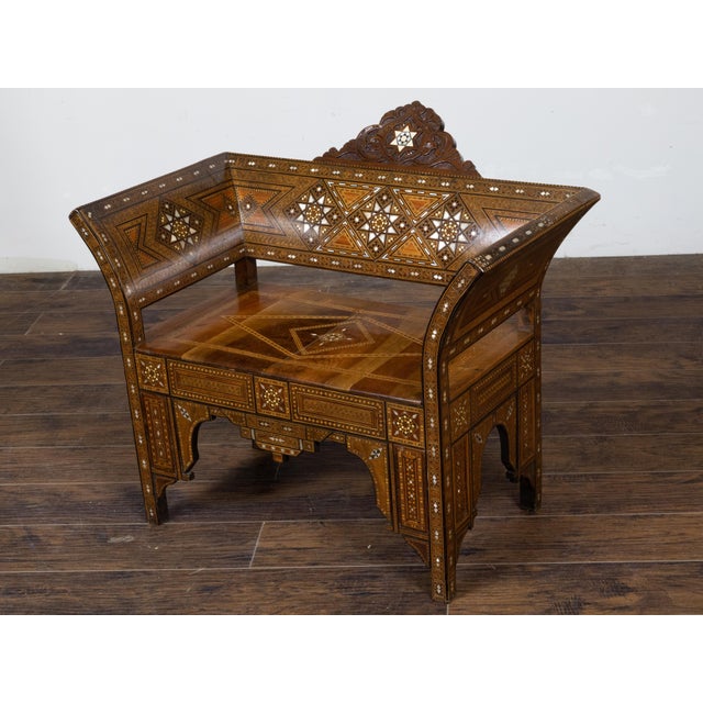 Moorish Style Moroccan 1900s Armchair with Mother of Pearl Geometric Inlay For Sale In Atlanta - Image 6 of 12