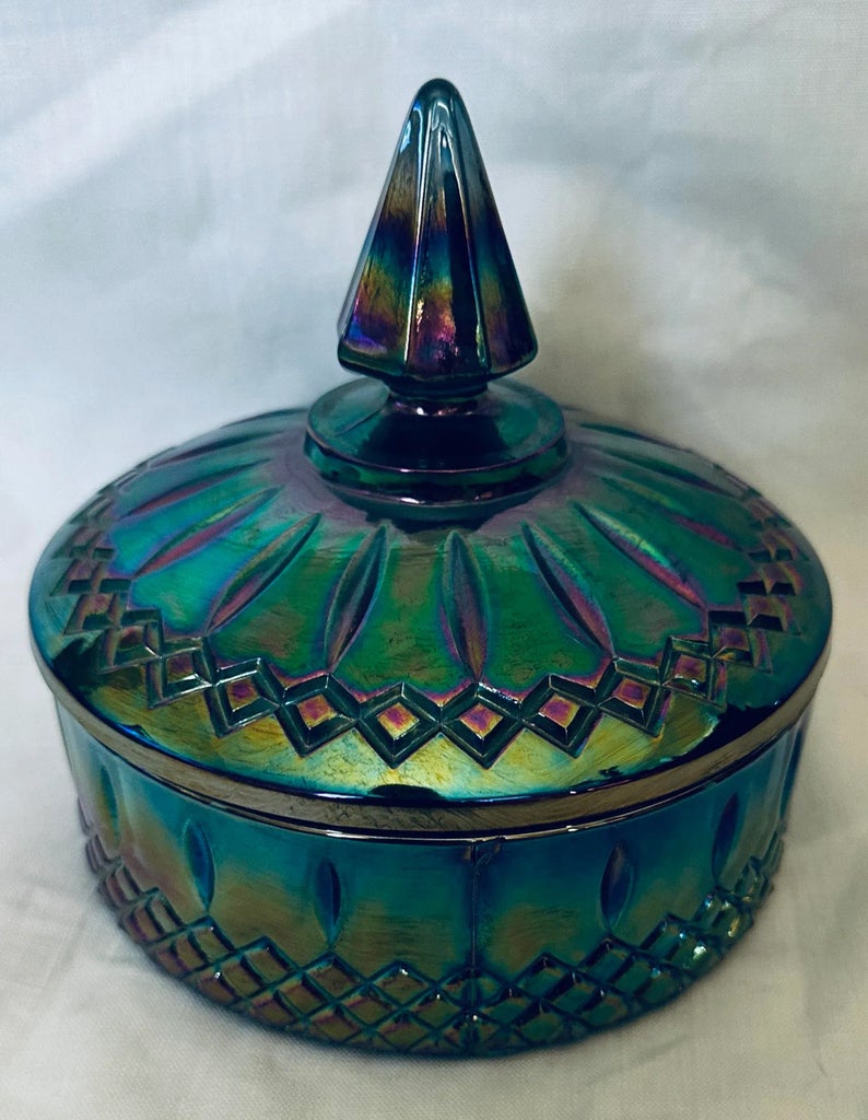 Carnival glass candy dish for $2. The history of these is so  Vintage Carnival Candy Dish with lid main image 2