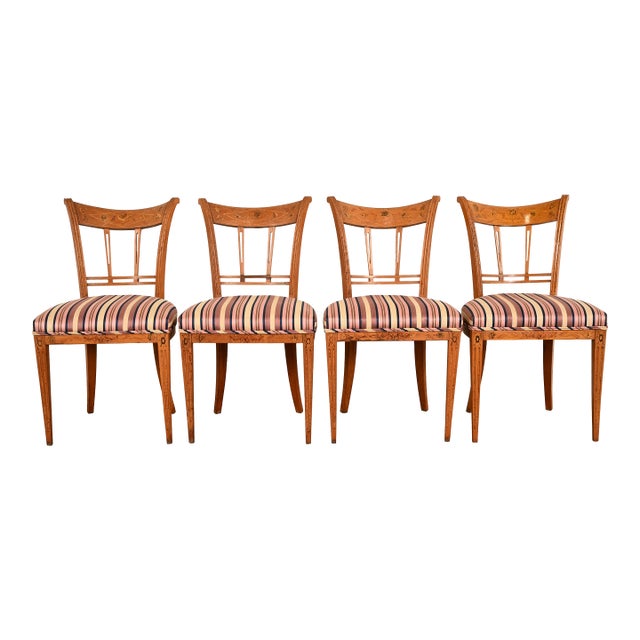 Antique Italian Regency Fruitwood Inlaid Marquetry Dining Chairs, Set of Four For Sale